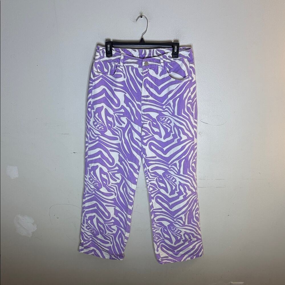 Shein Purple and White Zebra Print Wide Leg Jeans Size Large